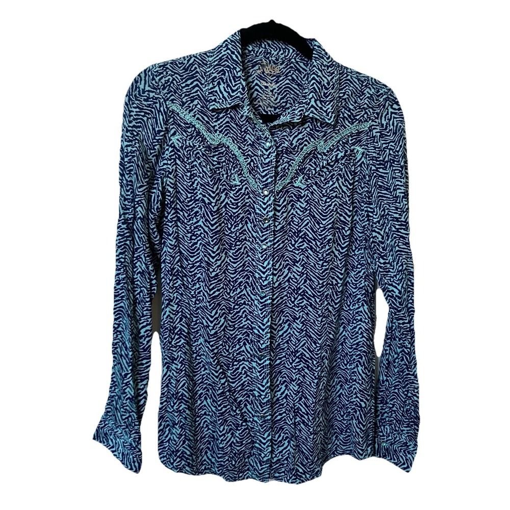 Y2K Rock 47 Wrangler Womens Blue Zebra Print Western Snap Shirt Embroidered